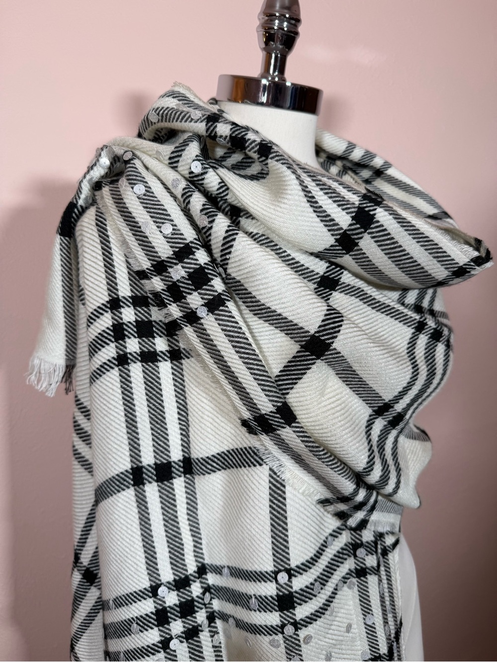 NEW Talbots Black Ivory Plaid silver sparkles cotton Oversized scarf wrap
